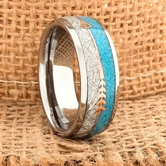 Western Arrow Turquoise Inlay Stainless Steel Wedding Mens Ring - Picture 3 of 4